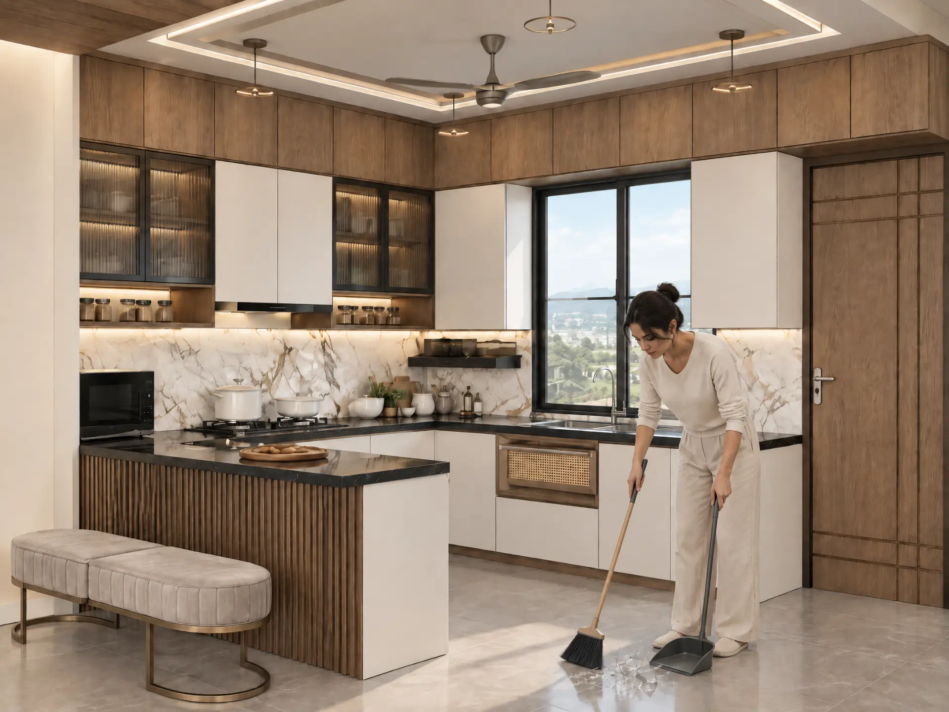 Render fotorrealista gerado com IA: Cozinha com realismo, iluminação natural e escala humana