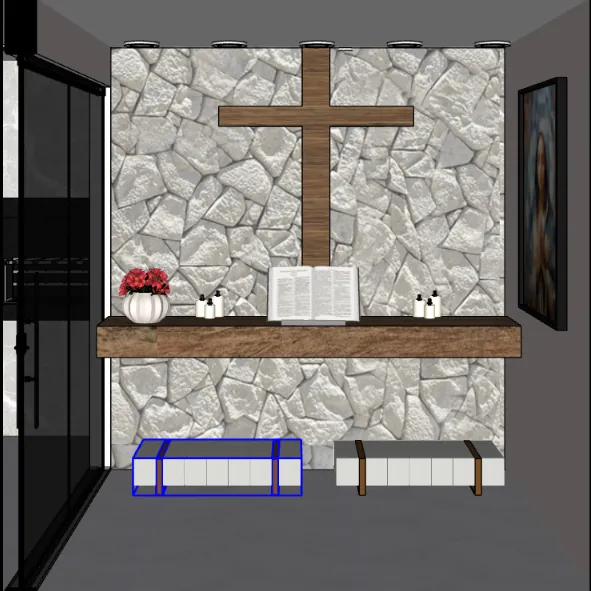Projeto 3D sem tratamento: Interior com materiais, luz e acabamento