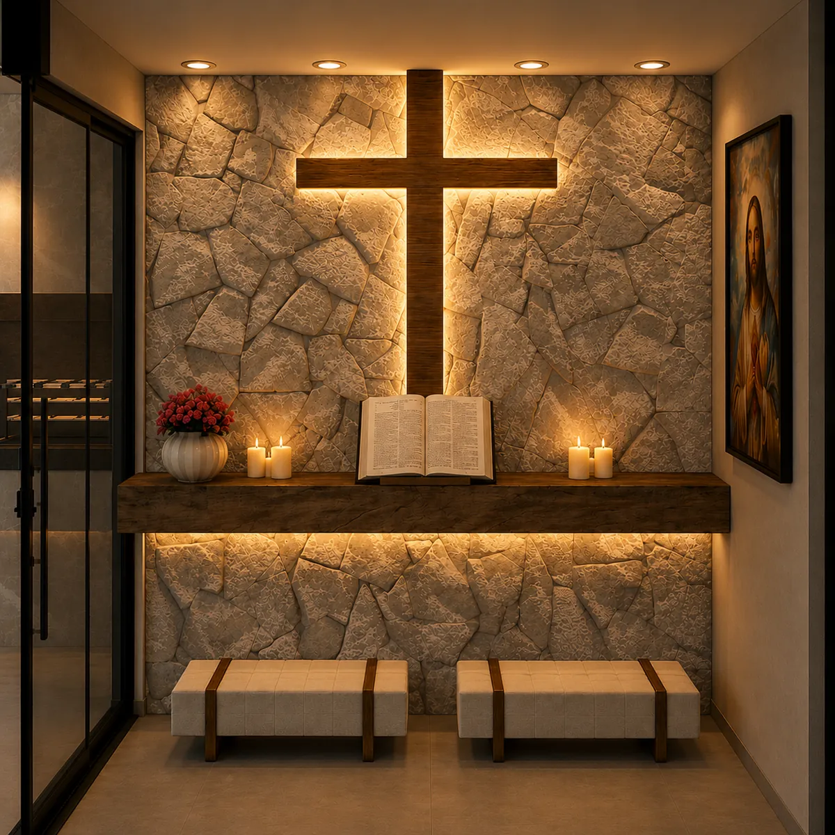 Render fotorrealista gerado com IA: Interior com materiais, luz e acabamento