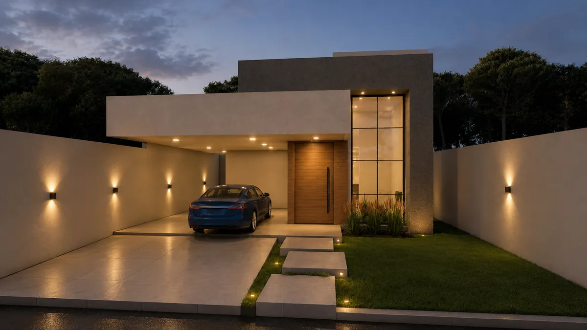 Render fotorrealista gerado com IA: Fachada noturna com iluminação realista