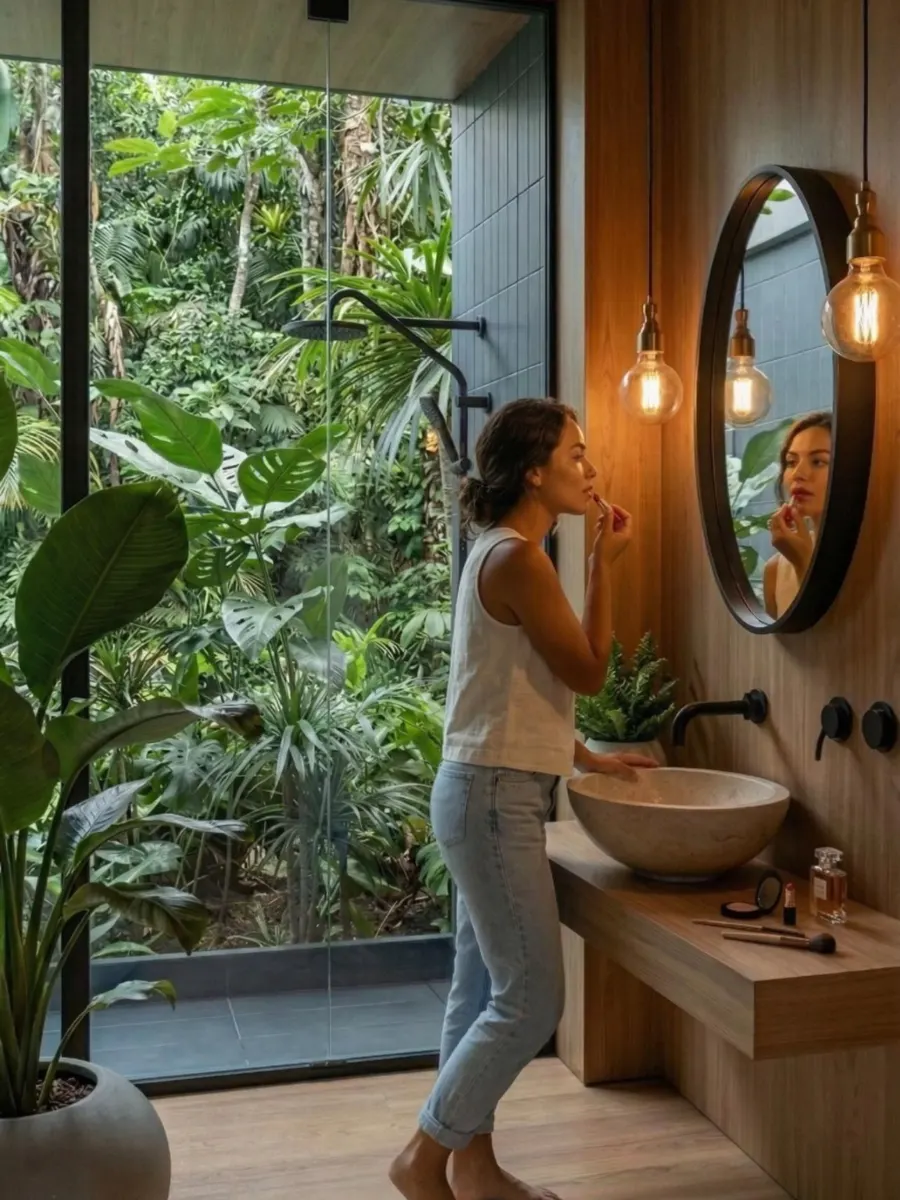 Render fotorrealista com IA: Banheiro spa com jardim tropical
