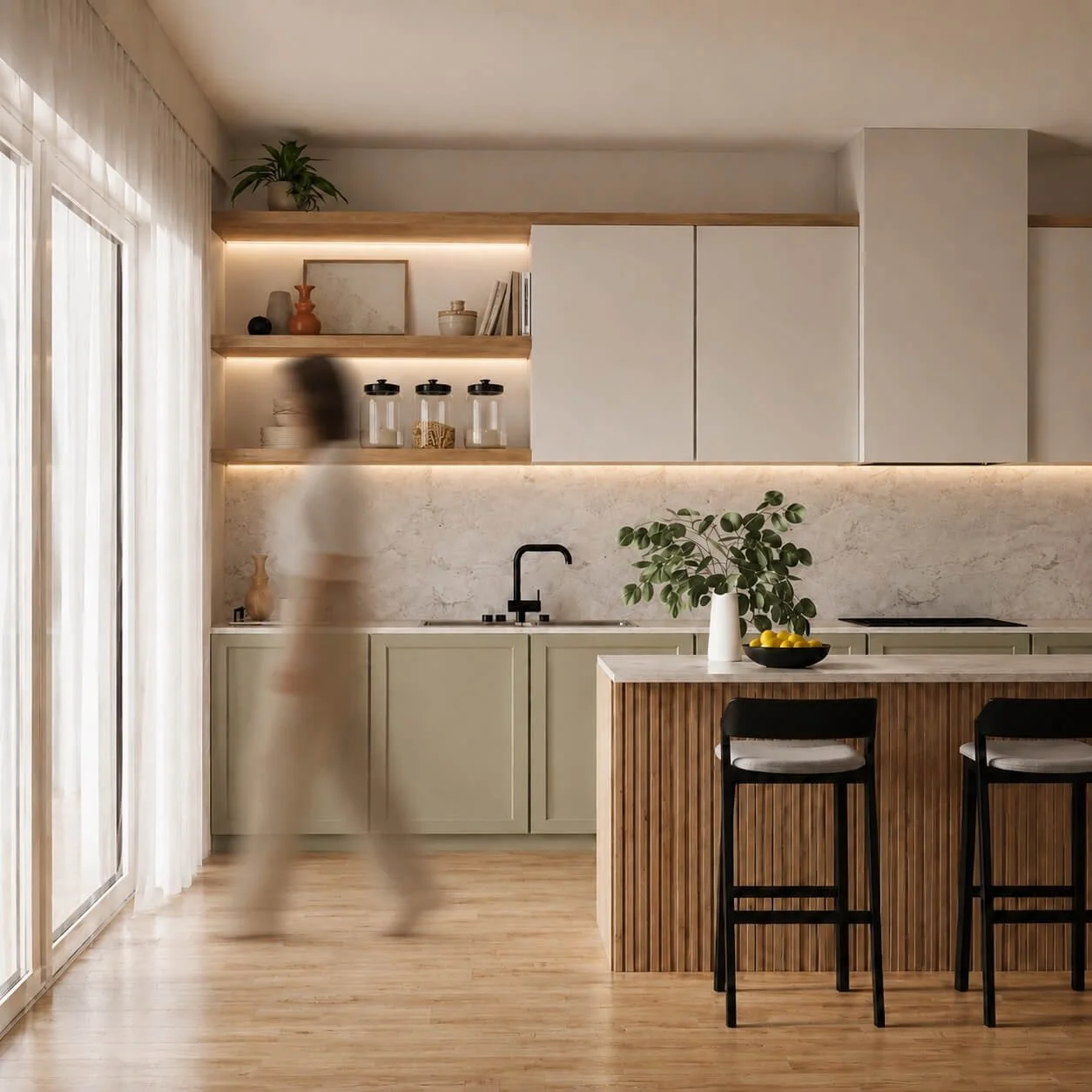 Render fotorrealista com IA: Cozinha com movimento