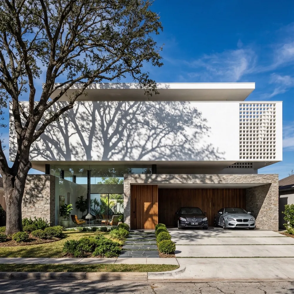 Render fotorrealista com IA: Fachada com garagem
