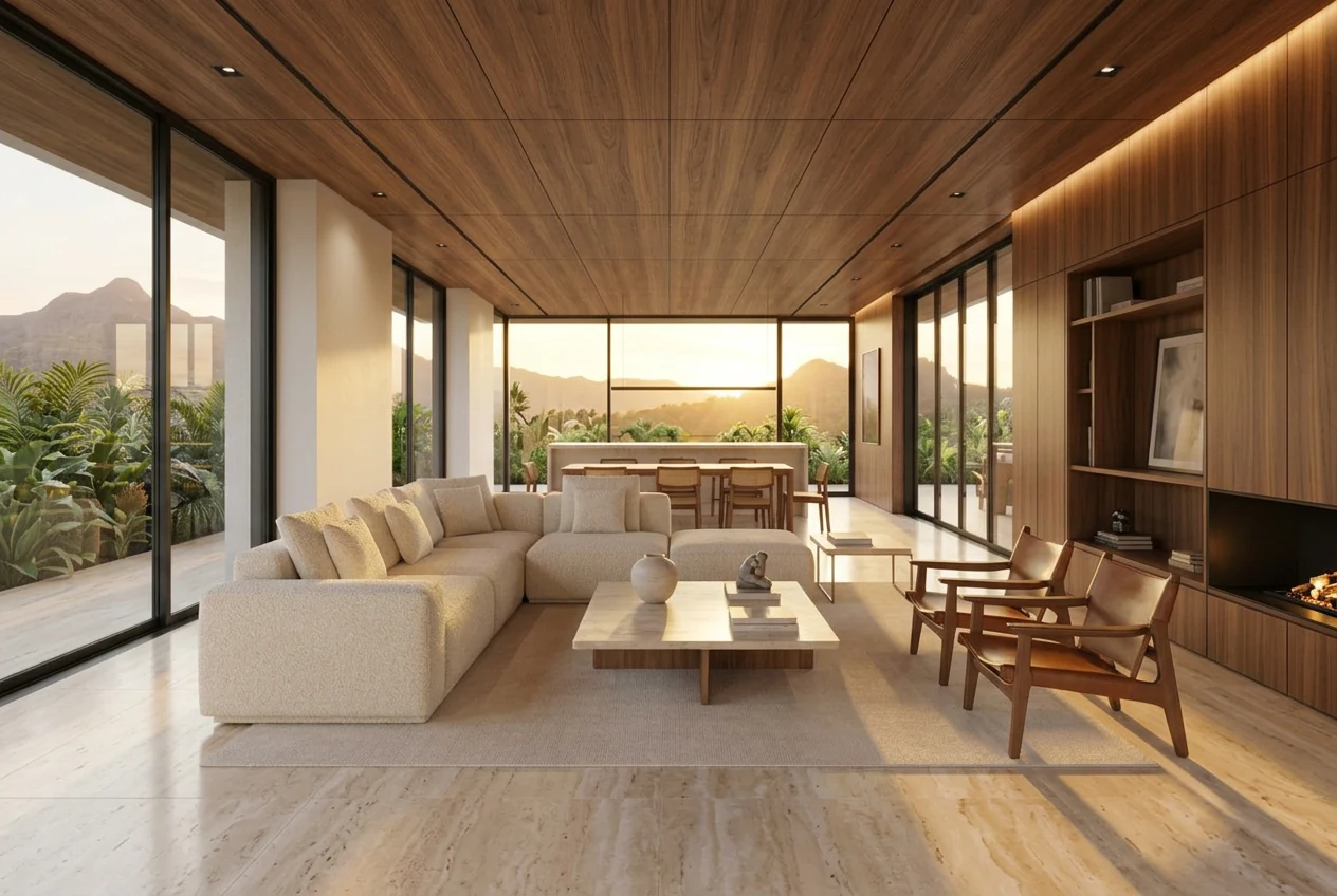 Render fotorrealista gerado com IA: Interior fiel com materiais, luz natural e paisagismo