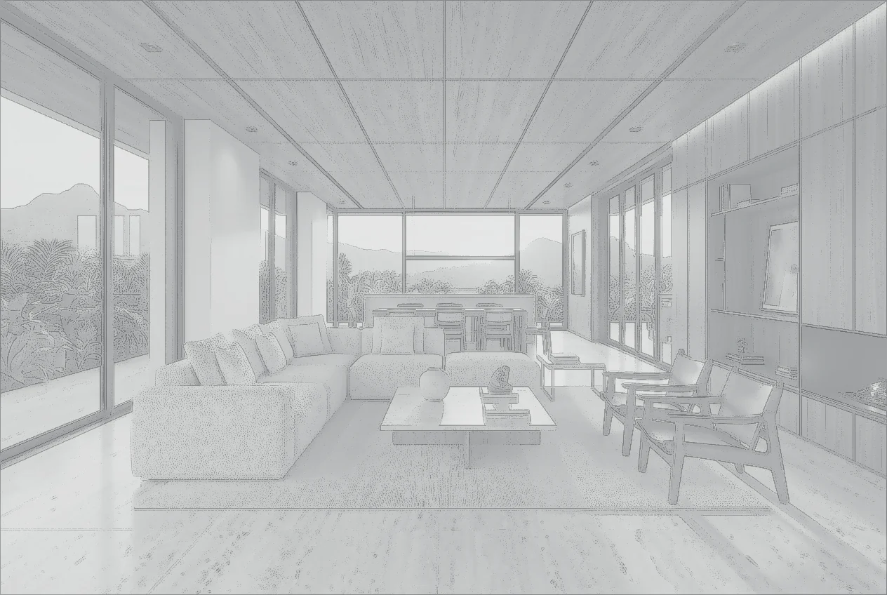 Projeto 3D sem tratamento: Interior fiel com materiais, luz natural e paisagismo